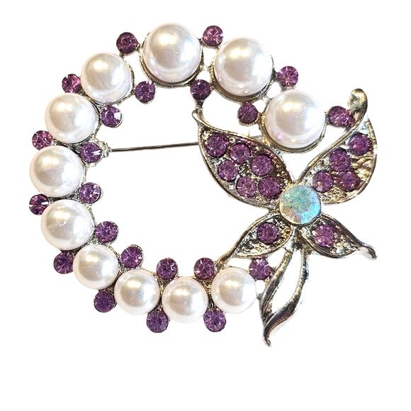 Purple Brooch Pin Faux Pearl Rhinestone Butterfly Silver Tone Wreath Gift Box - Picture 6 of 10